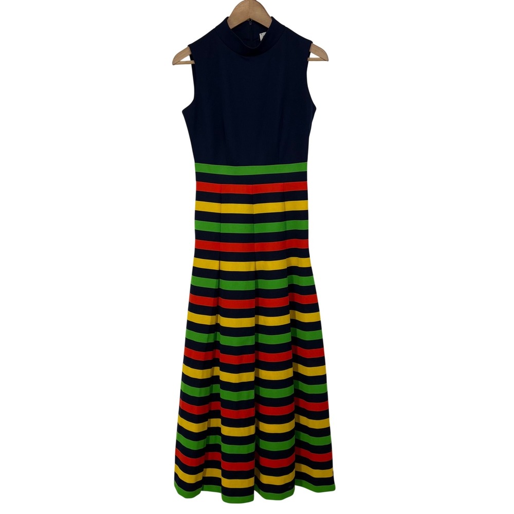 Vintage Butte Knit Striped Maxi Dress Navy Blue Multi Color Block Mock Neck 70s